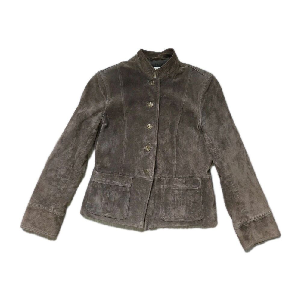 VTG Liz Claiborne Petite Green Suede Leather Jacket Snap Front Pockets Sz PS EUC